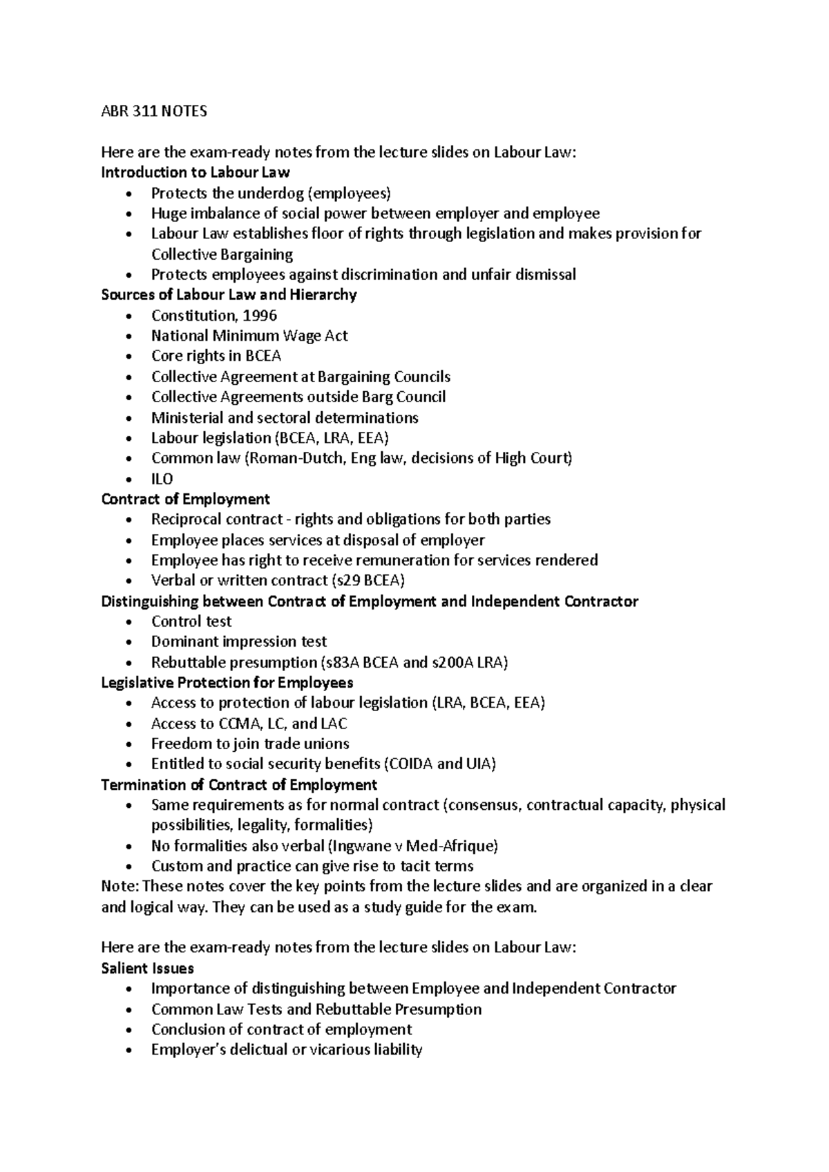 ABR 311 Exam Notes: Labour Law Overview and Key Concepts - Studocu