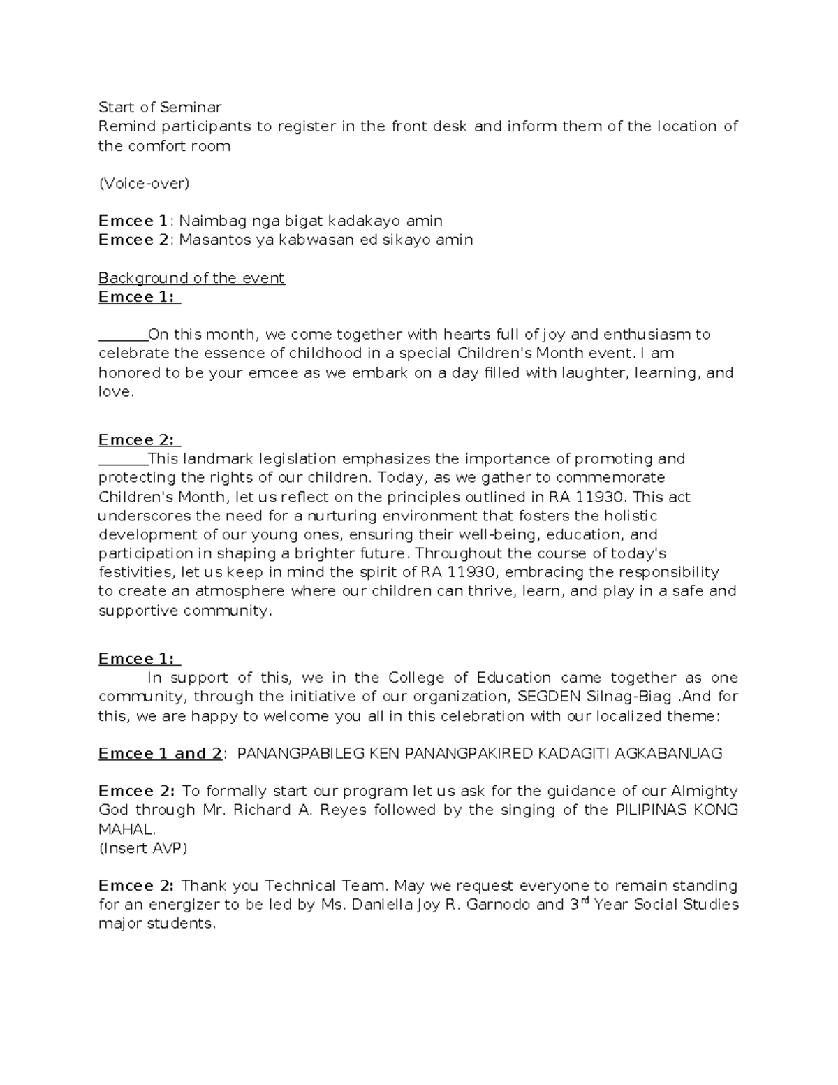 SEGDEN Seminar Script: Celebrating Childhood Rights and Advocacy - Studocu