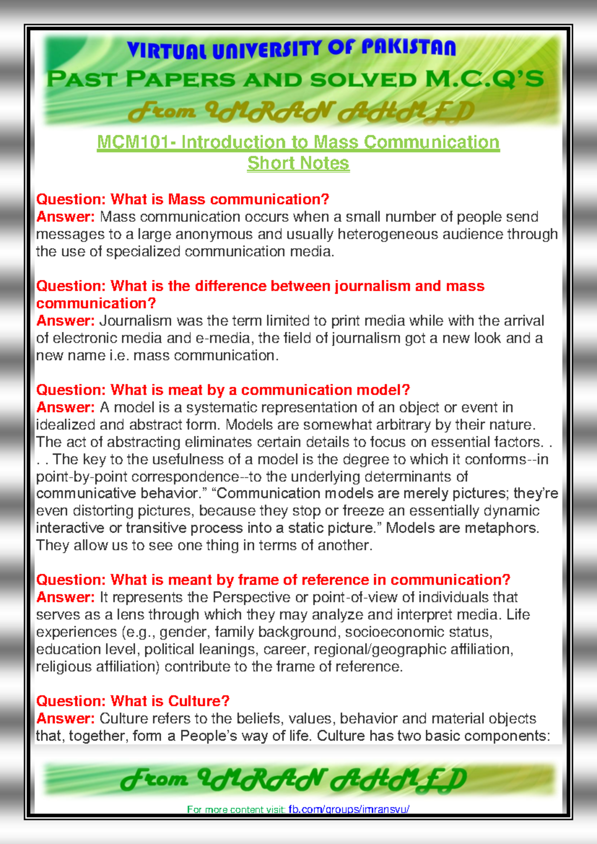 MCM101 Mid & Final Exam Notes: Mass Communication Concepts - Studocu