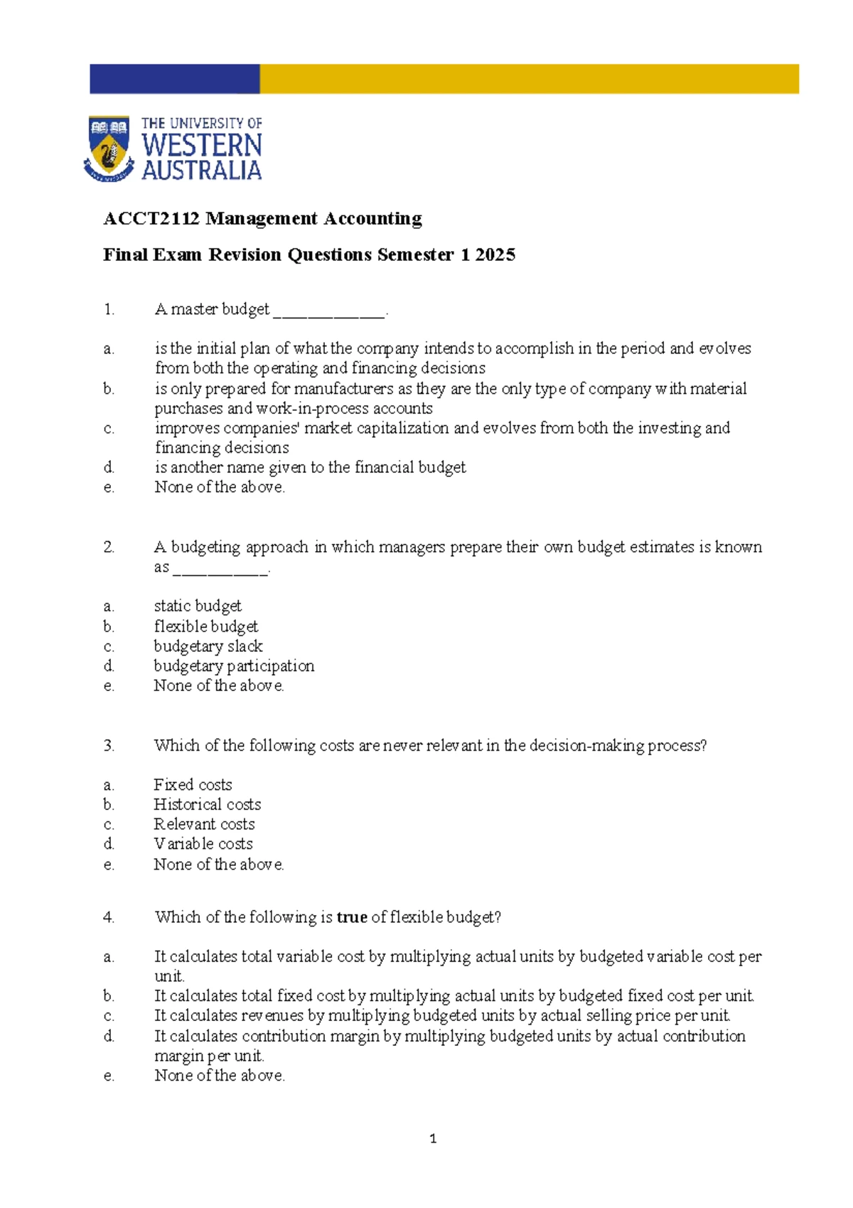ACCT2112 Management Accounting Final Exam Revision Questions ...