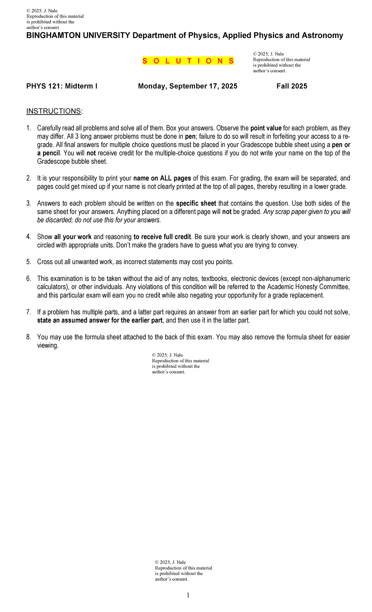 PHYS 121: Midterm I Solutions - Fall 2025 Exam Practice - Studocu