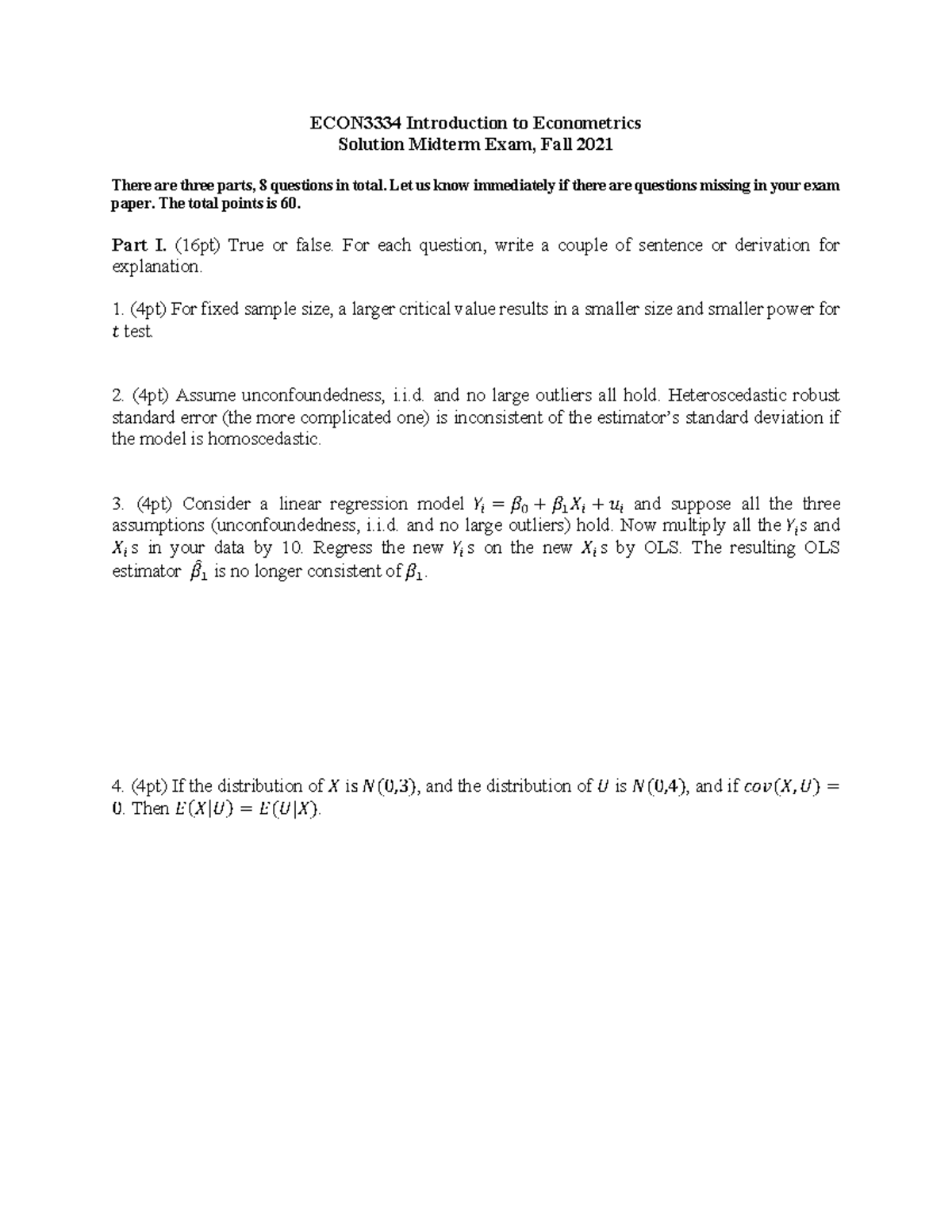 Econ3334 Midterm Exam Solutions Introduction To Econometrics Studocu