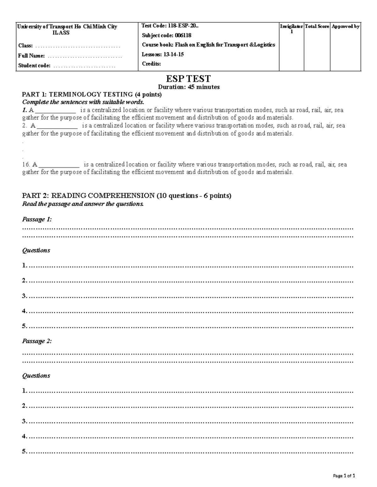 ESP Test 006118: Terminology & Reading Comprehension Exam - Studocu