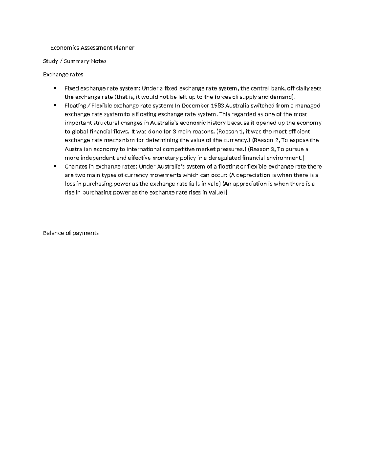 ECO 101: Economics Assessment Planner & Exchange Rates Summary - Studocu