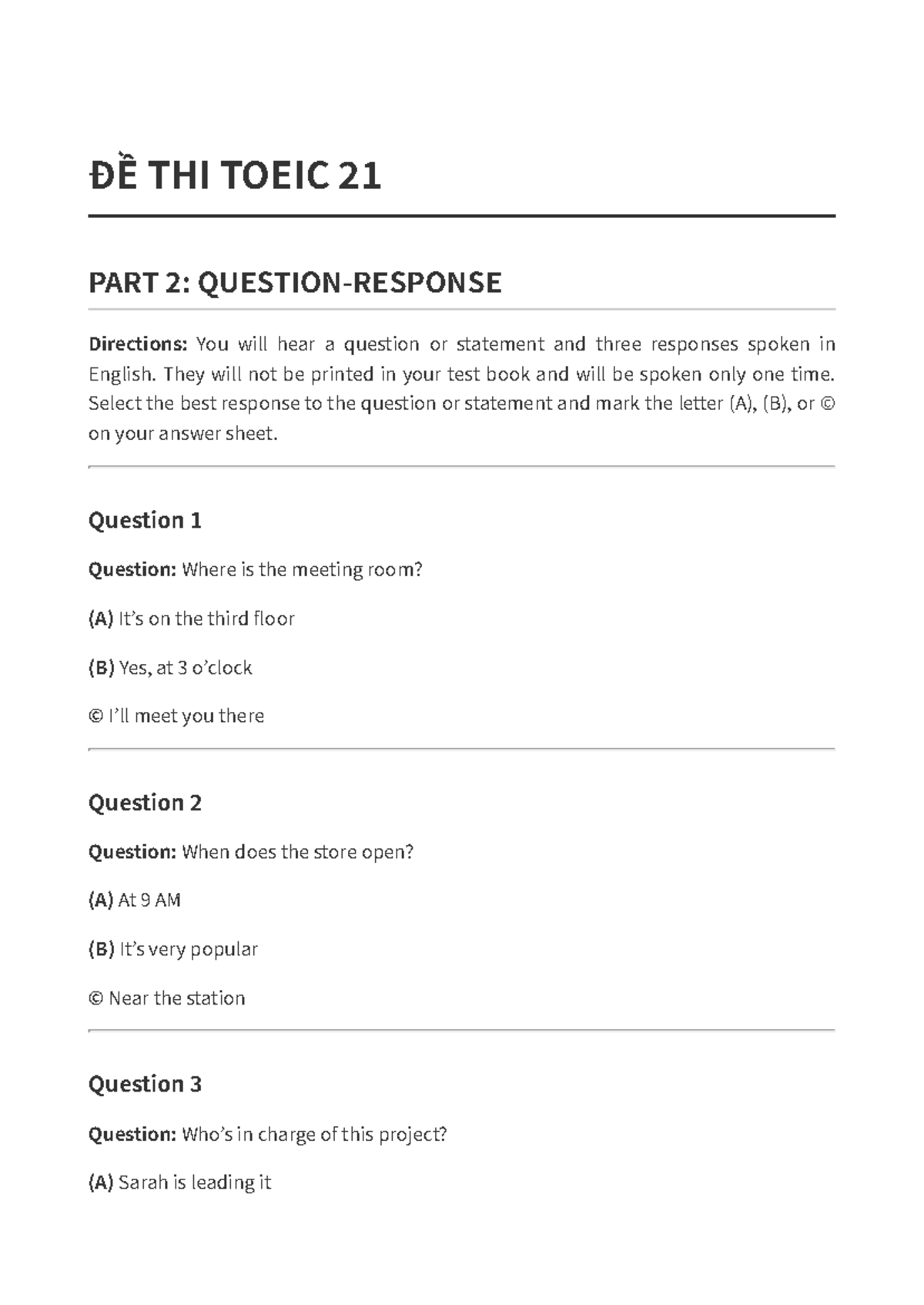 ĐỀ THI TOEIC 21 PART 2: Practice Questions & Answers - Studocu