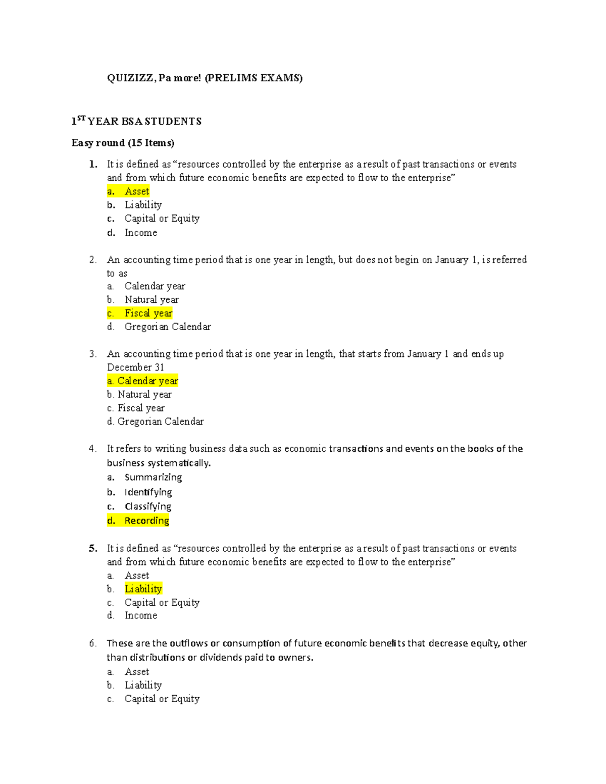 1st Year BSA - Prelims Quiz Questions and Answers - Studocu