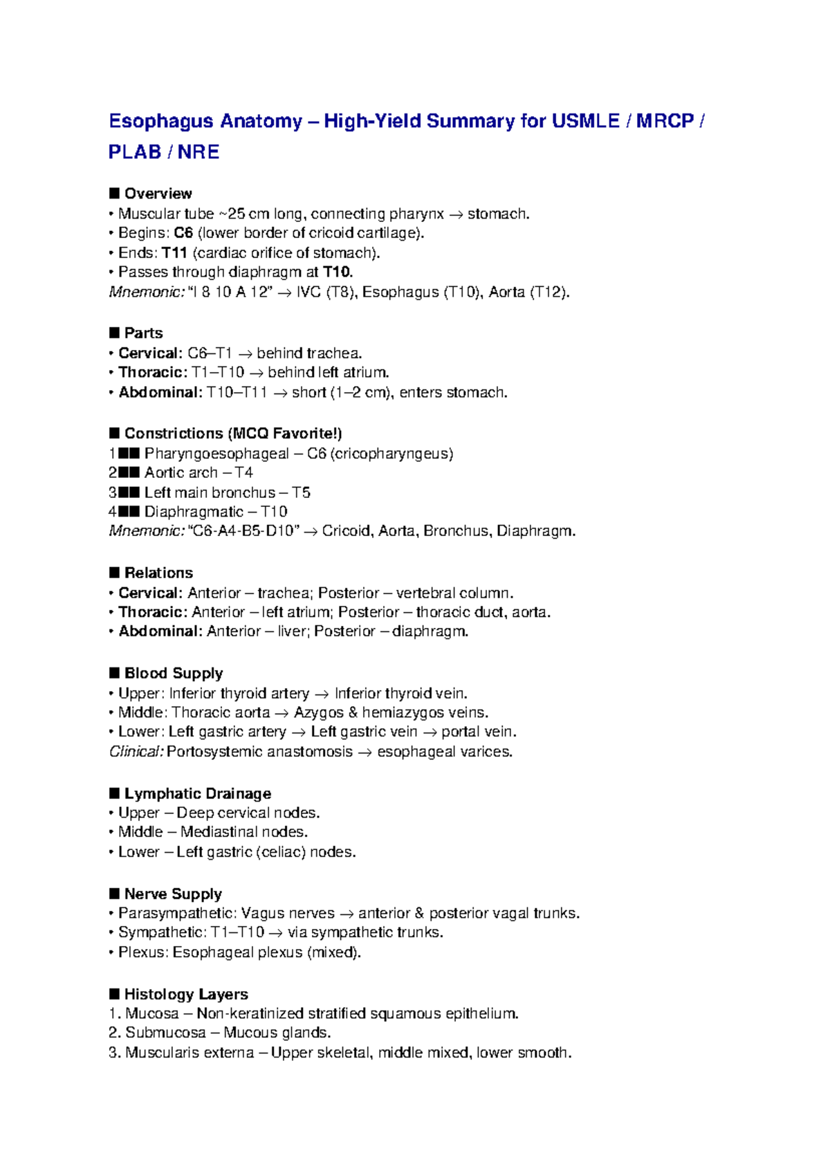 Esophagus Anatomy Overview for USMLE MRCP PLAB NRE - Studocu