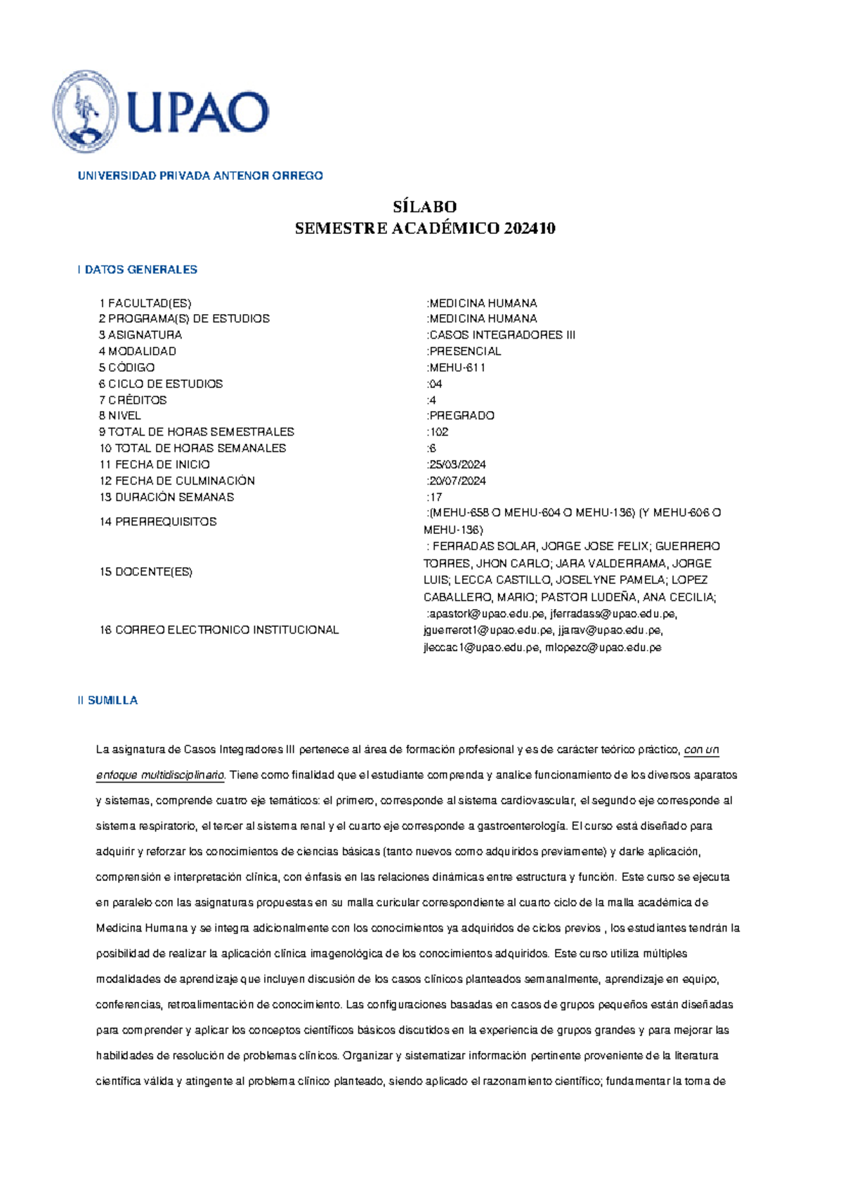 Sílabo Oficial Casos Integradores III - Medicina Humana 2024-1 - Document Preview