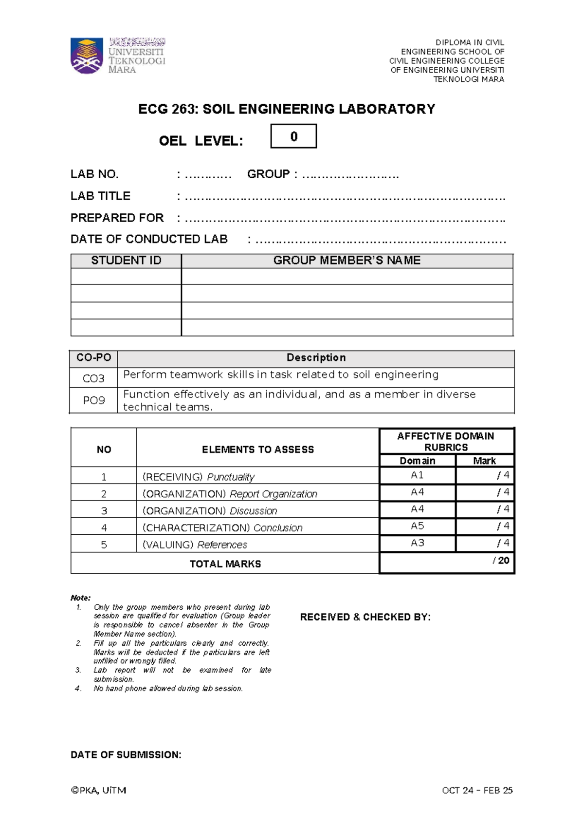 OEL 0 Cover Page for ECG 263 Soil Engineering Lab Report - Studocu