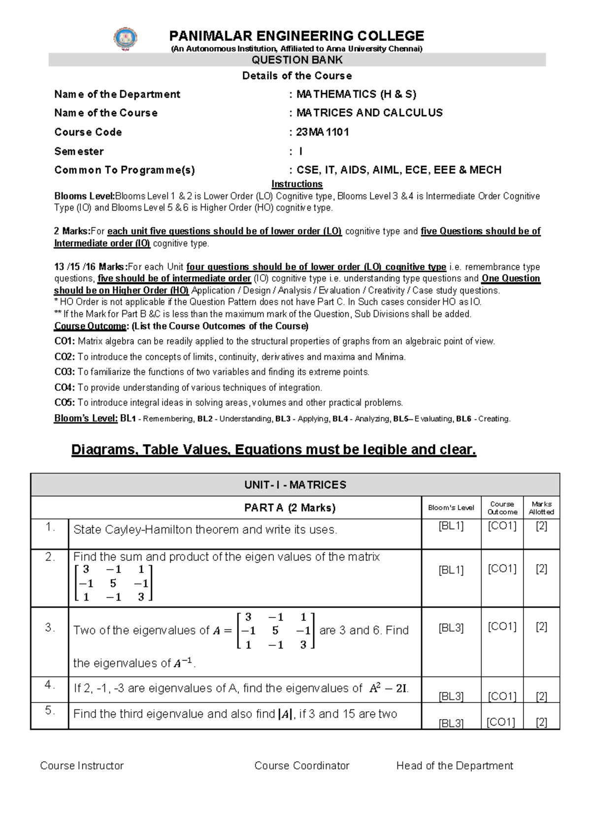 23MA1101 Matrices and Calculus Question Bank 2025-26 - Studocu