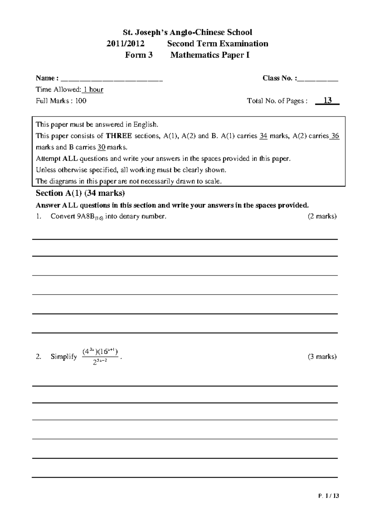 ST Joseph 2011-12 Form 3 Mathematics Exam Paper I (English) - Studocu