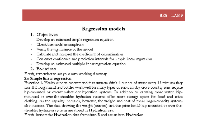 BES R Lab 9 - Regression Models and Analysis TUT 9 - Studocu