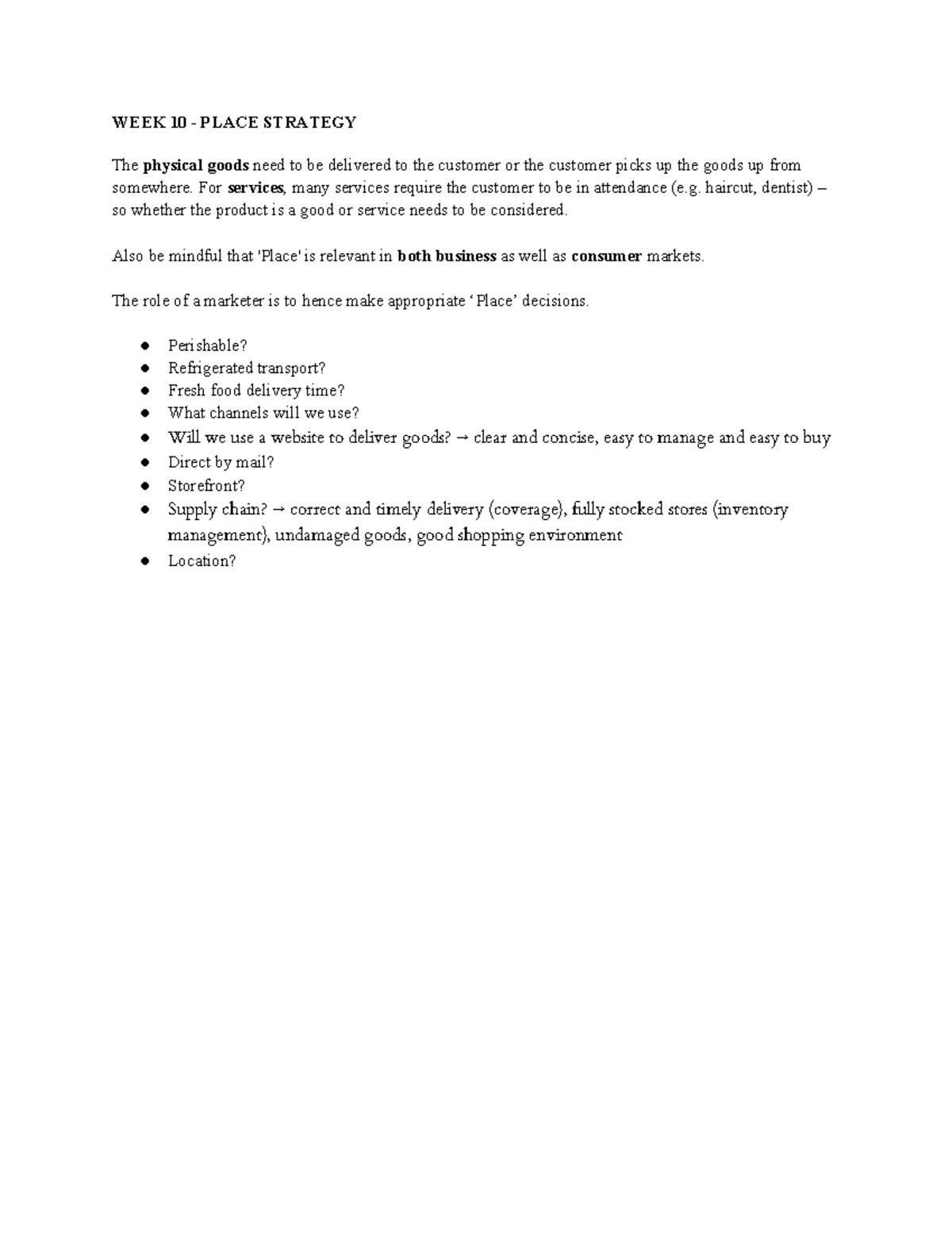 WEEK 10 - Place Strategy: Understanding Marketing Logistics and ...