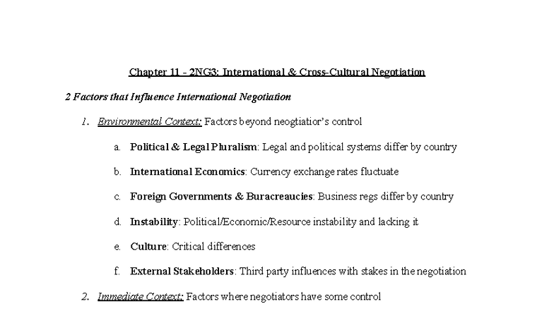 Chapter 11 - 2NG3: Factors Influencing International Negotiation - Studocu