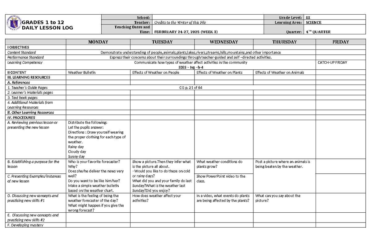 DLL Science 3 Q4 W3-1 - Dll - GRADES 1 to 12 DAILY LESSON LOG School ...