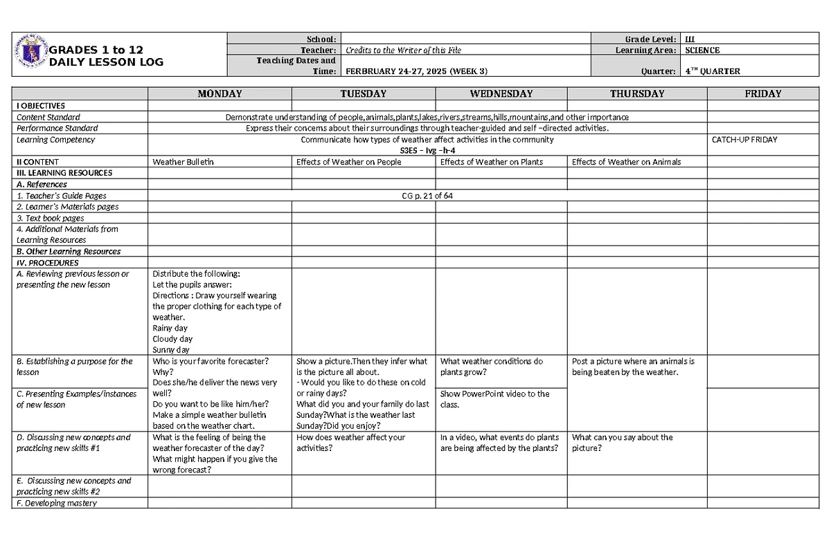 DLL Araling Panlipunan 3 Q4 W3-1 - GRADES 1 to 12 DAILY LESSON LOG ...