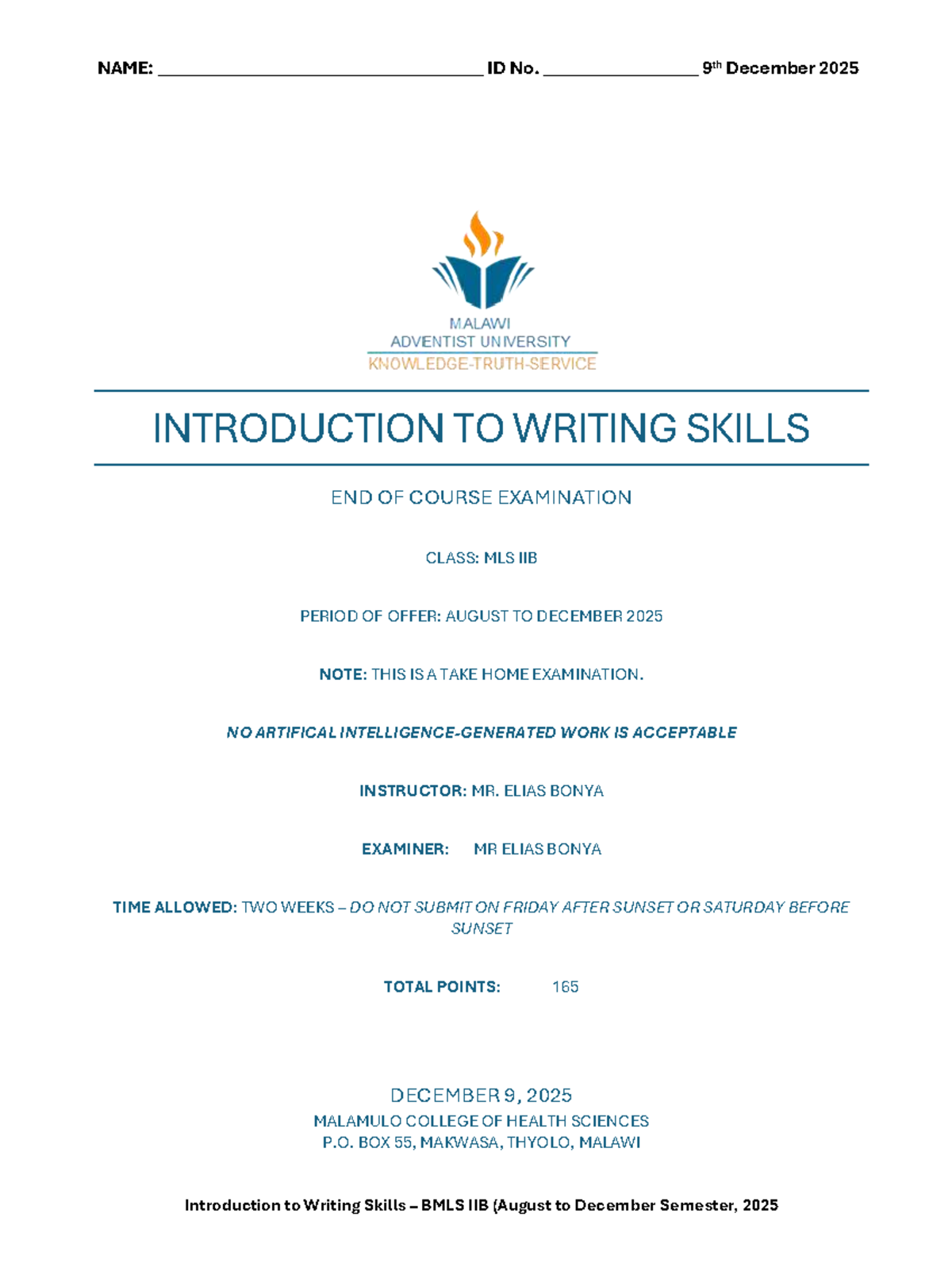 BMLS IIB: Introduction to Writing Skills End of Course Exam - Studocu