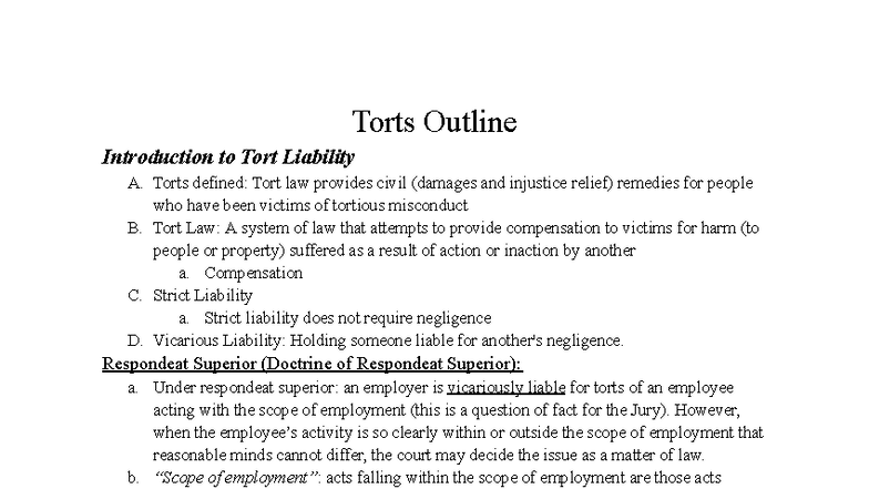 Torts Outline: Key Concepts in Tort Liability and Negligence - Studocu