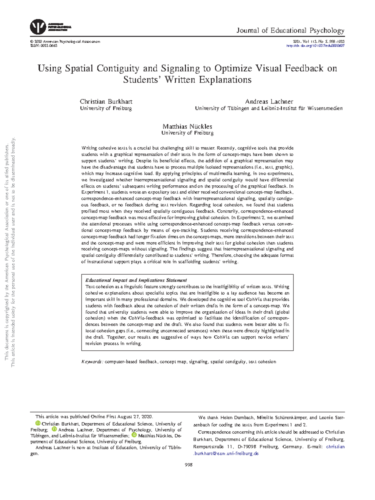 Optimizing Cohesion in Student Writing: Signaling & Spatial Feedback ...