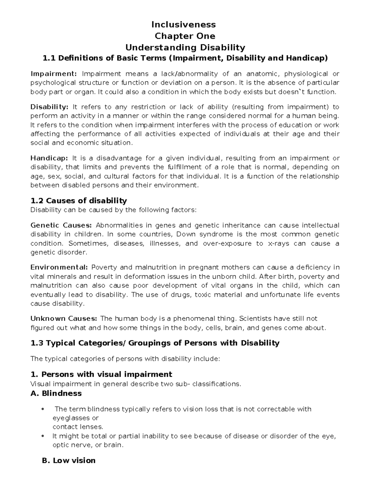 Inclusiveness CH1: Understanding disability and its key concepts - Studocu