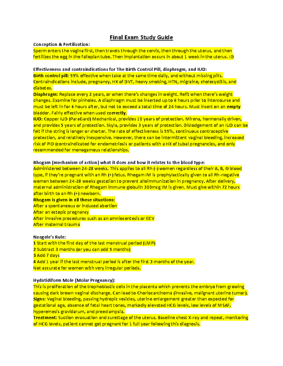 Final Exam Study Guide for Maternity (NURS 301) - Key Concepts ...