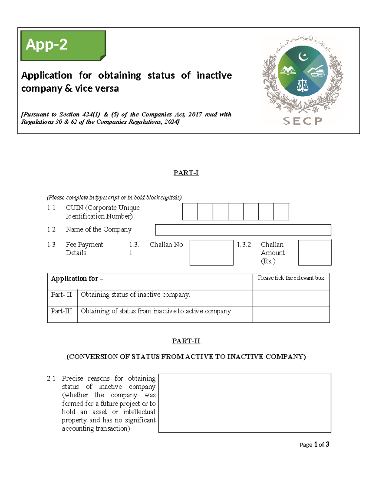Application for Inactive Company Status - Section 424(1) (5) - Studocu