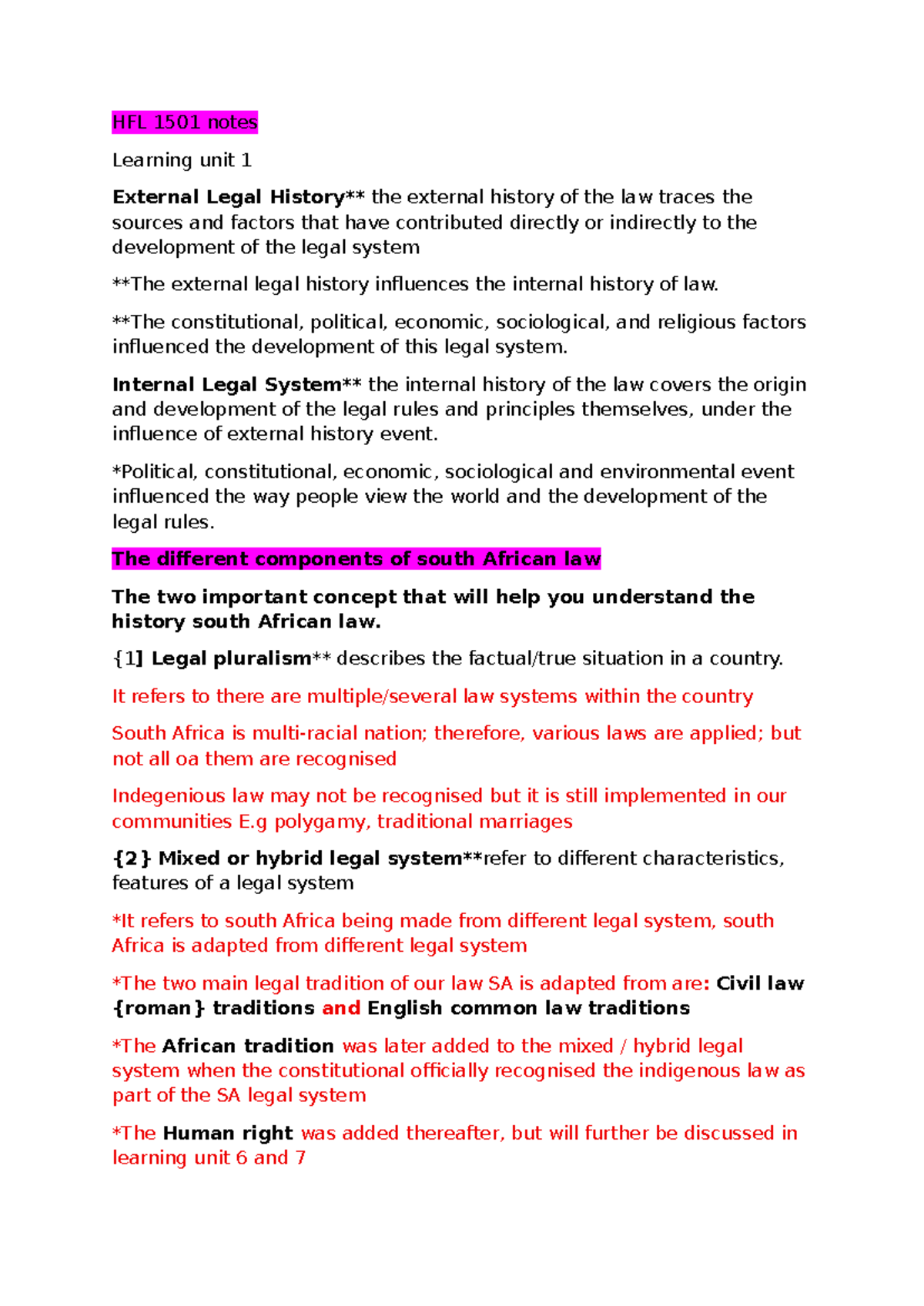HFL 1501 Notes: Learning Unit 1 - External & Internal Legal History ...