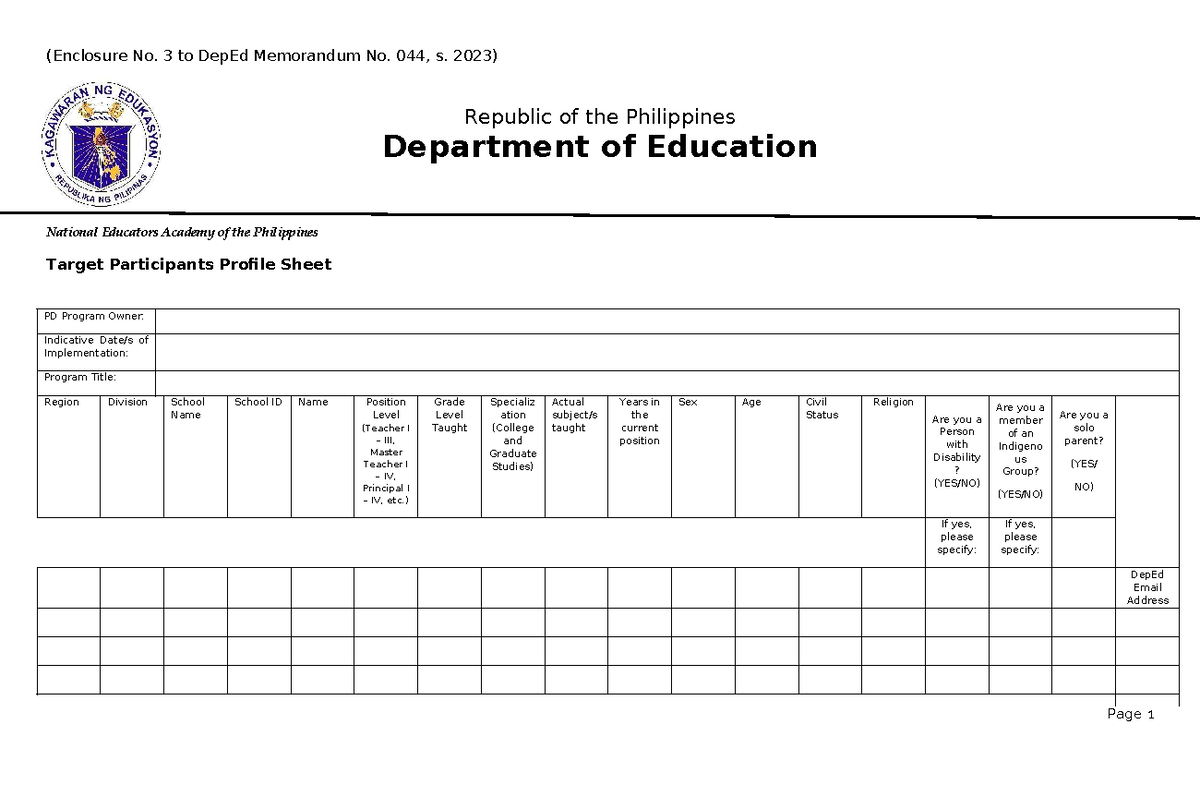 Target Participants Profile Sheet for PD Program - Enclosure No. 3 ...