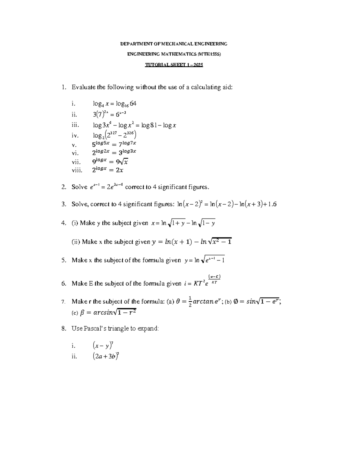 MTH155S - Tutorial Sheet 1 - 2025 - DEPARTMENT OF MECHANICAL ...