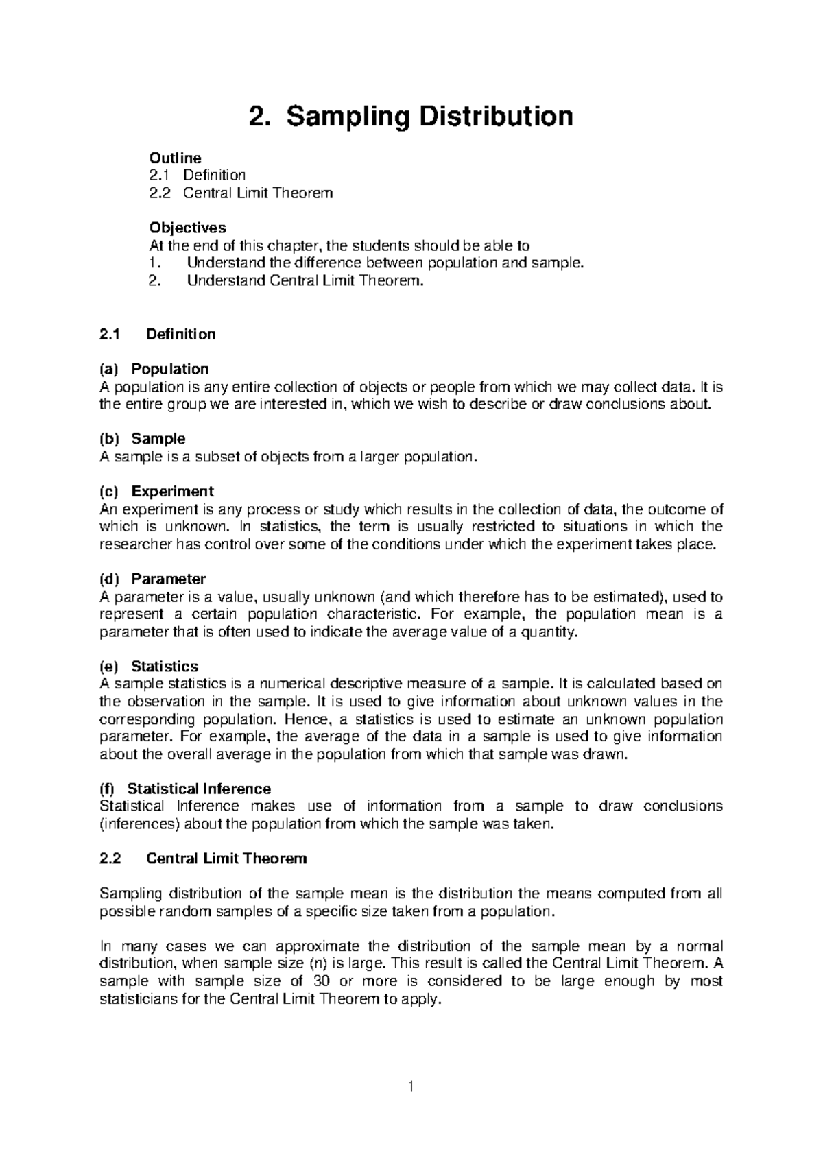Notes STA408 - Chapter 2 - 2. Sampling Distribution Outline 2 ...
