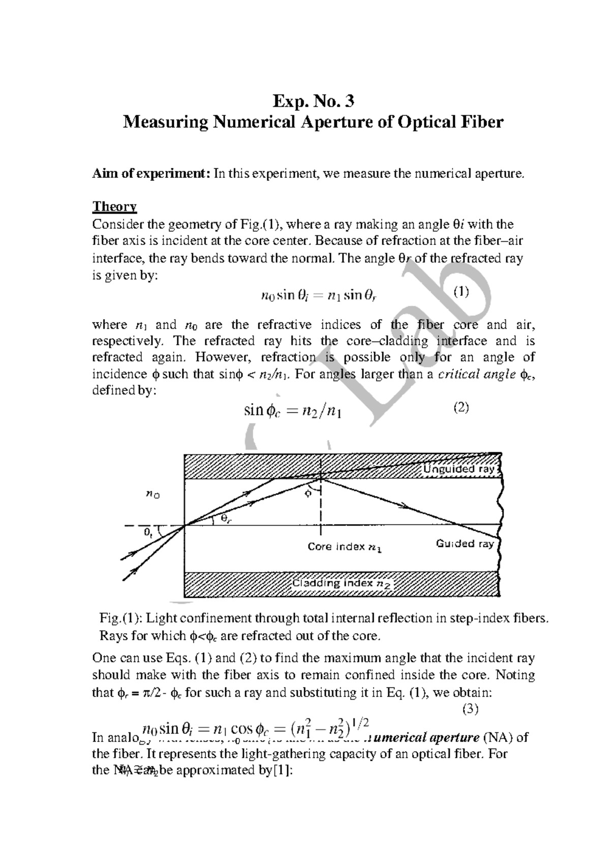 Exp. 3: Measuring Numerical Aperture of Optical Fiber - Studocu