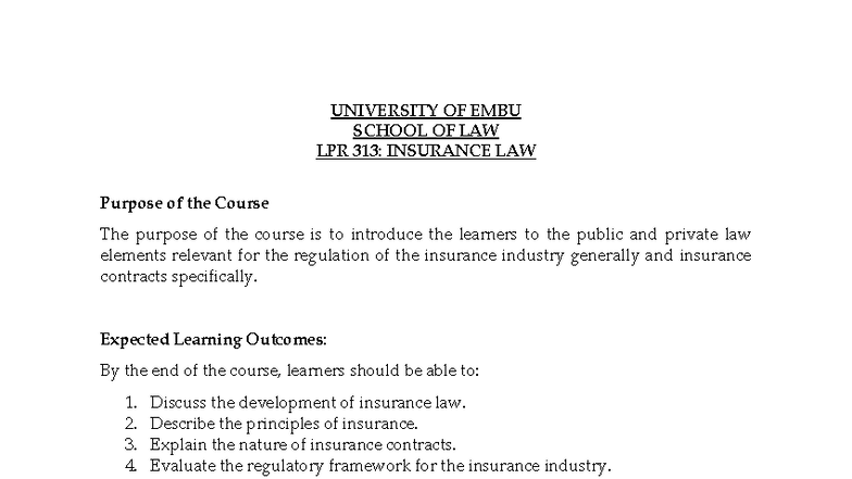 LPR 313: Course Outline for Insurance Law at University of Embu - Studocu