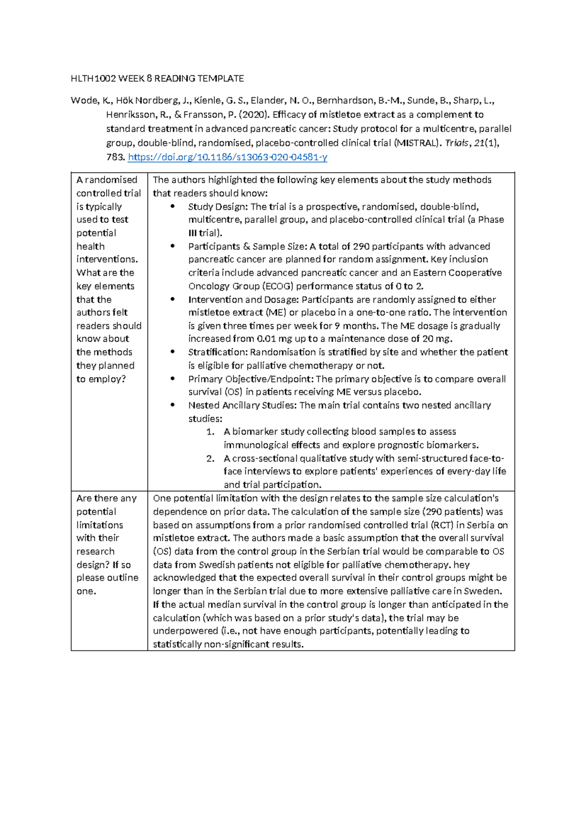 HLTH1002 WEEK 8 Reading Template: Mistletoe Extract in Cancer Trial ...