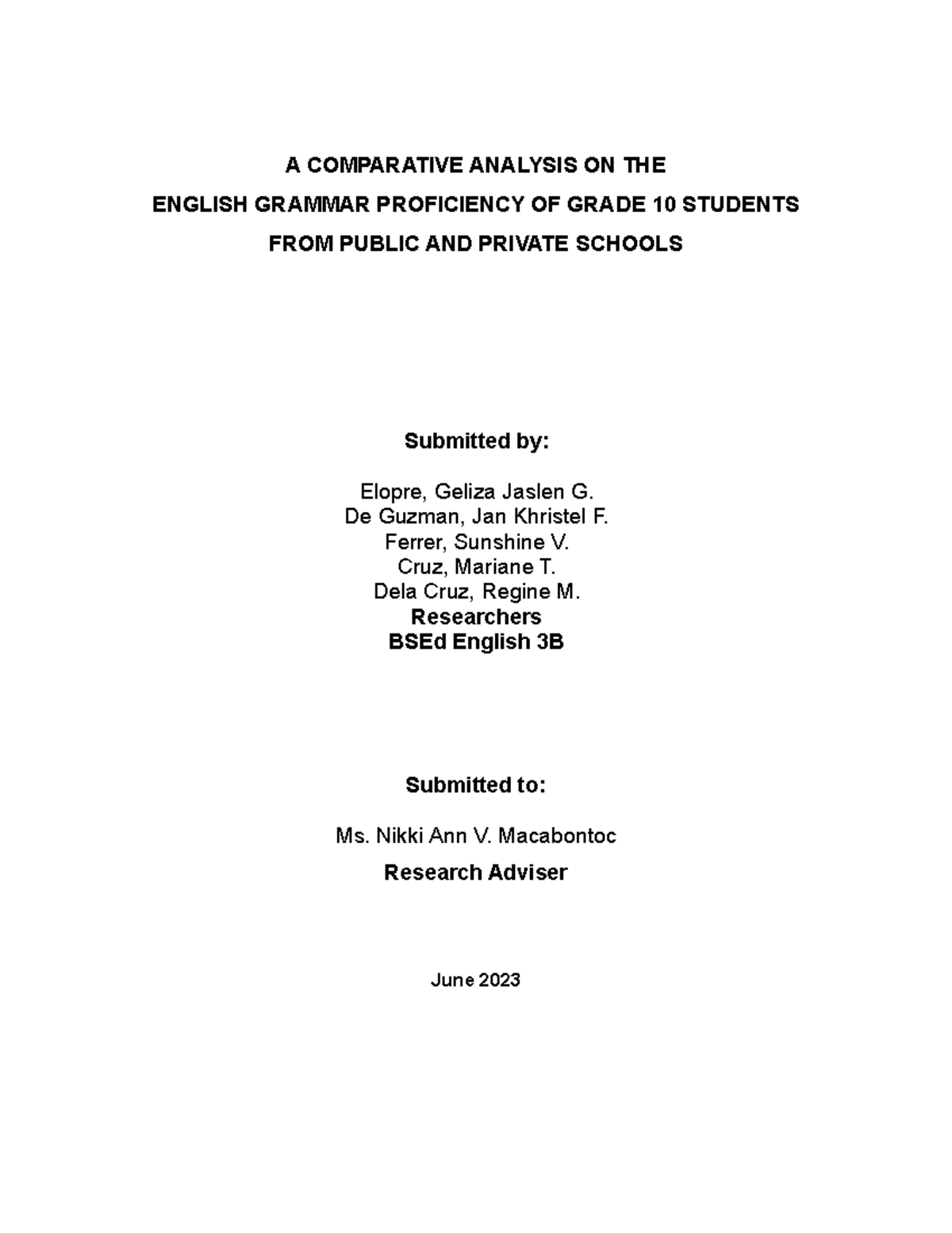 Comparative Analysis of English Grammar Proficiency: Grade 10 Public vs ...