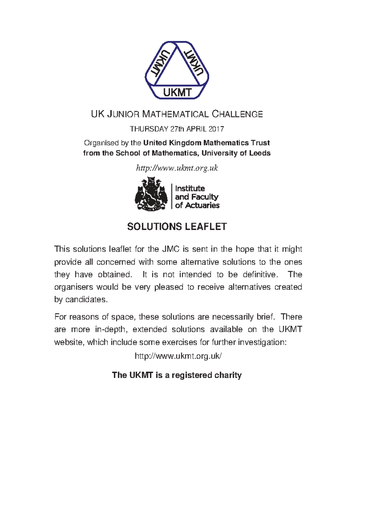 JMC Paper 2017 Solutions - UK JUNIOR MATHEMATICAL CHALLENGE THURSDAY ...