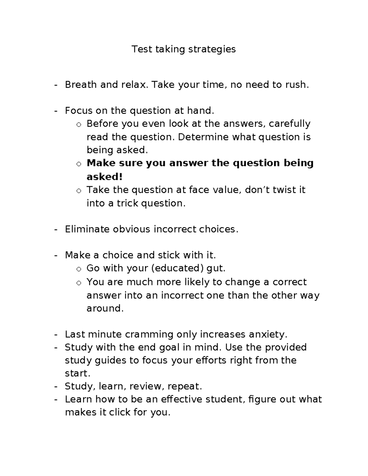 Test taking strategies - Test taking strategies Breath and relax. Take ...