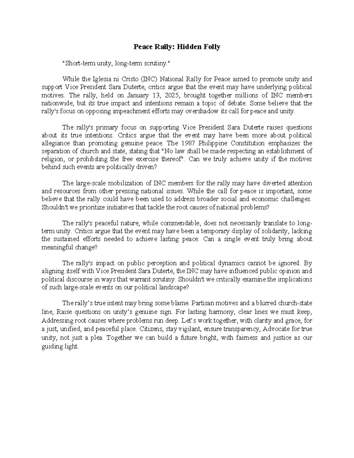 INC Peace Rally: Unity or Political Motives? A Critical Analysis - Studocu