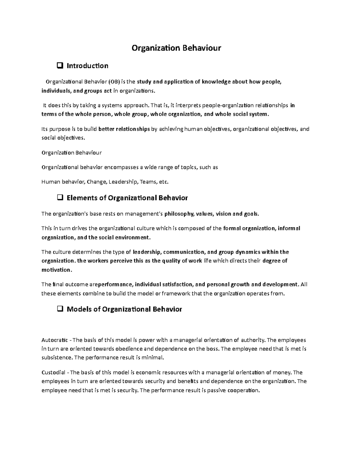 OB- Notes - Organization Behaviour Introduction Organizational Behavior ...