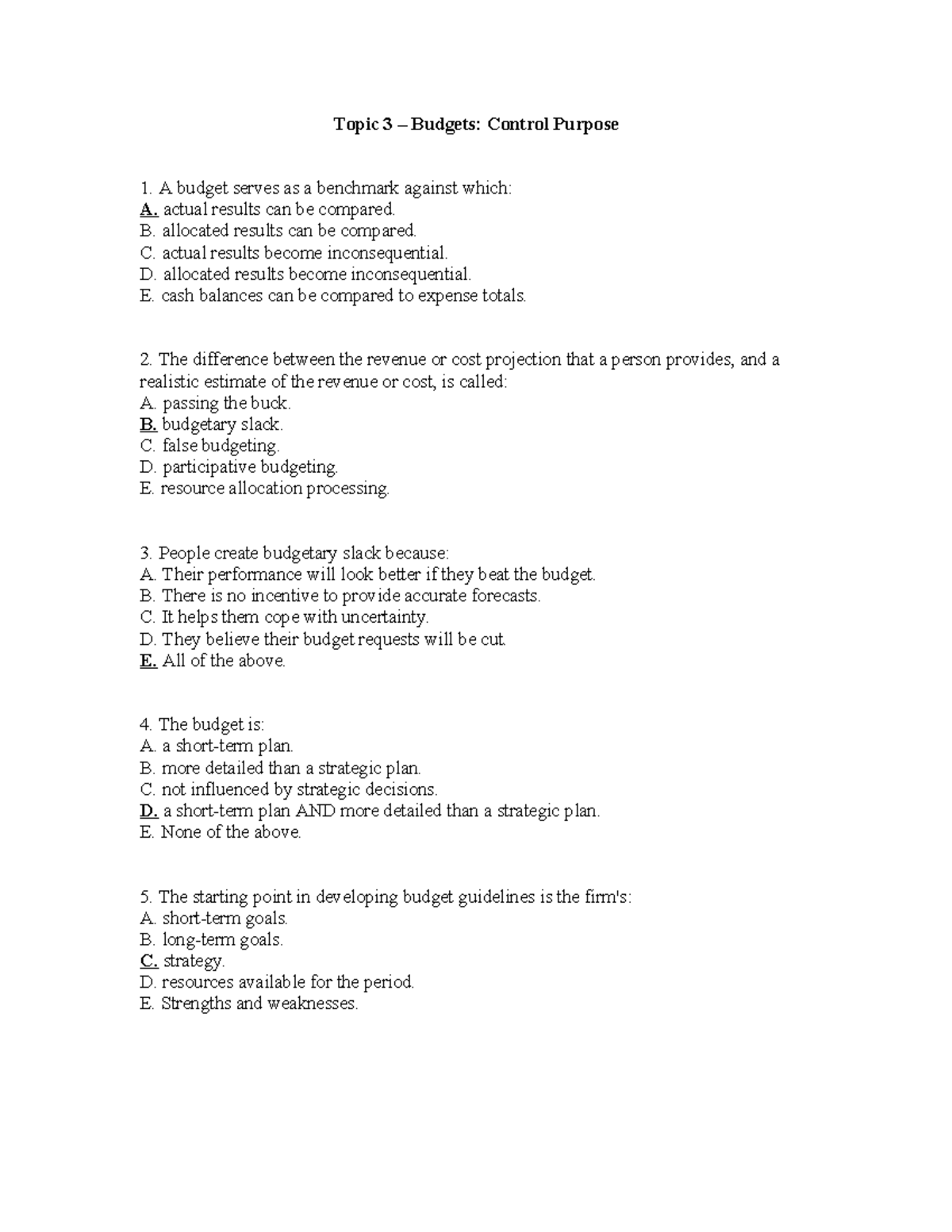 Budgets: Control Purpose - Topic 3 (Module 3) Study Notes - Studocu