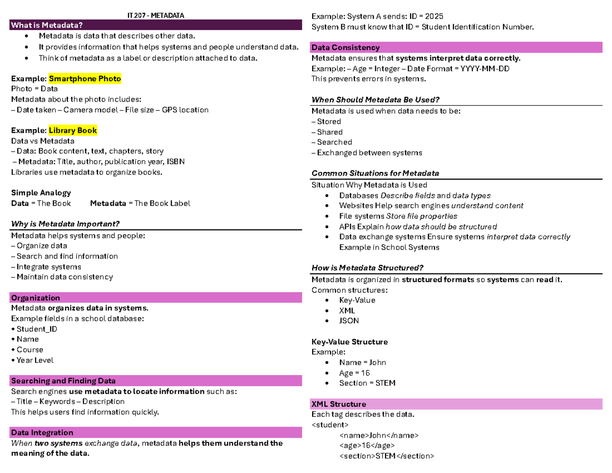 IT 207 Lecture Notes: Understanding Metadata and Its Importance - Studocu