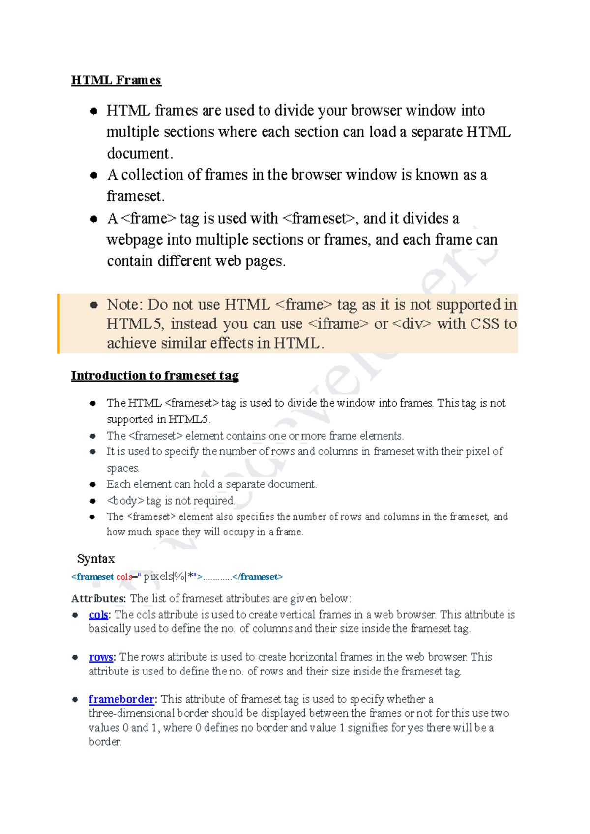 HTML Frames Overview for Web Developers - HTML 101 - Studocu