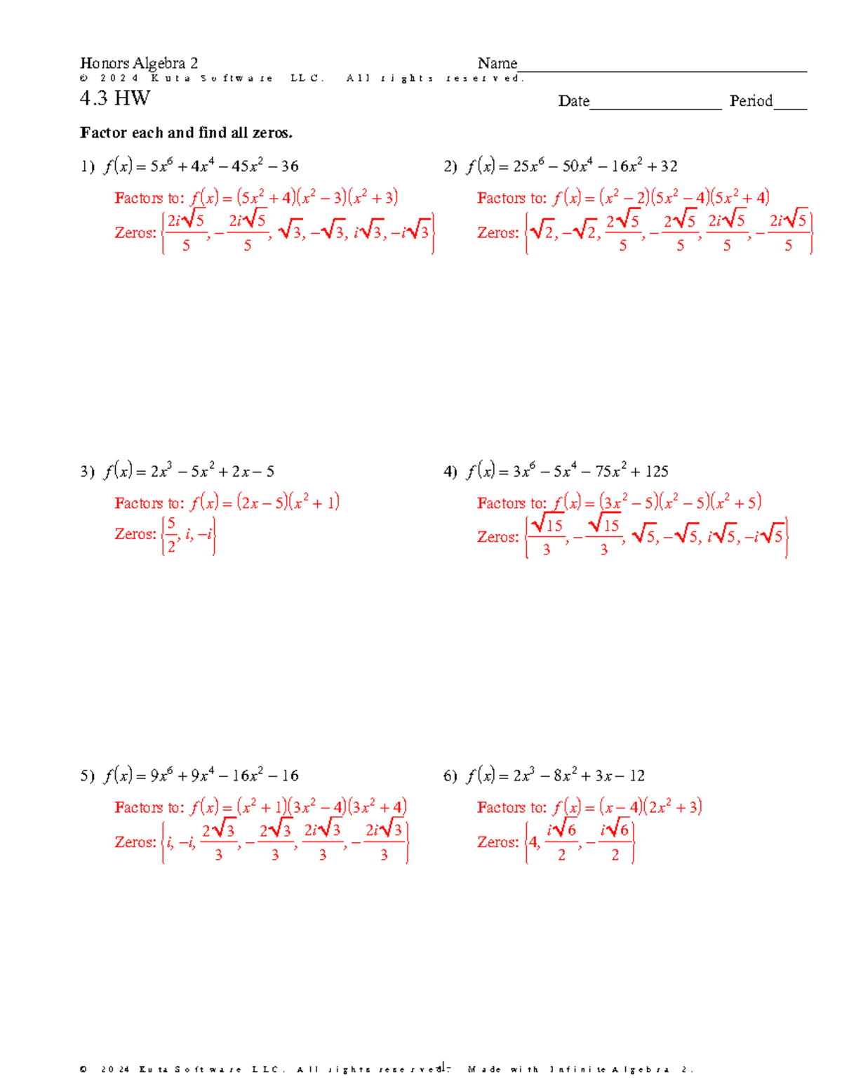 Honors Algebra 2 - 4.3 Homework Solutions and Zeros - Studocu