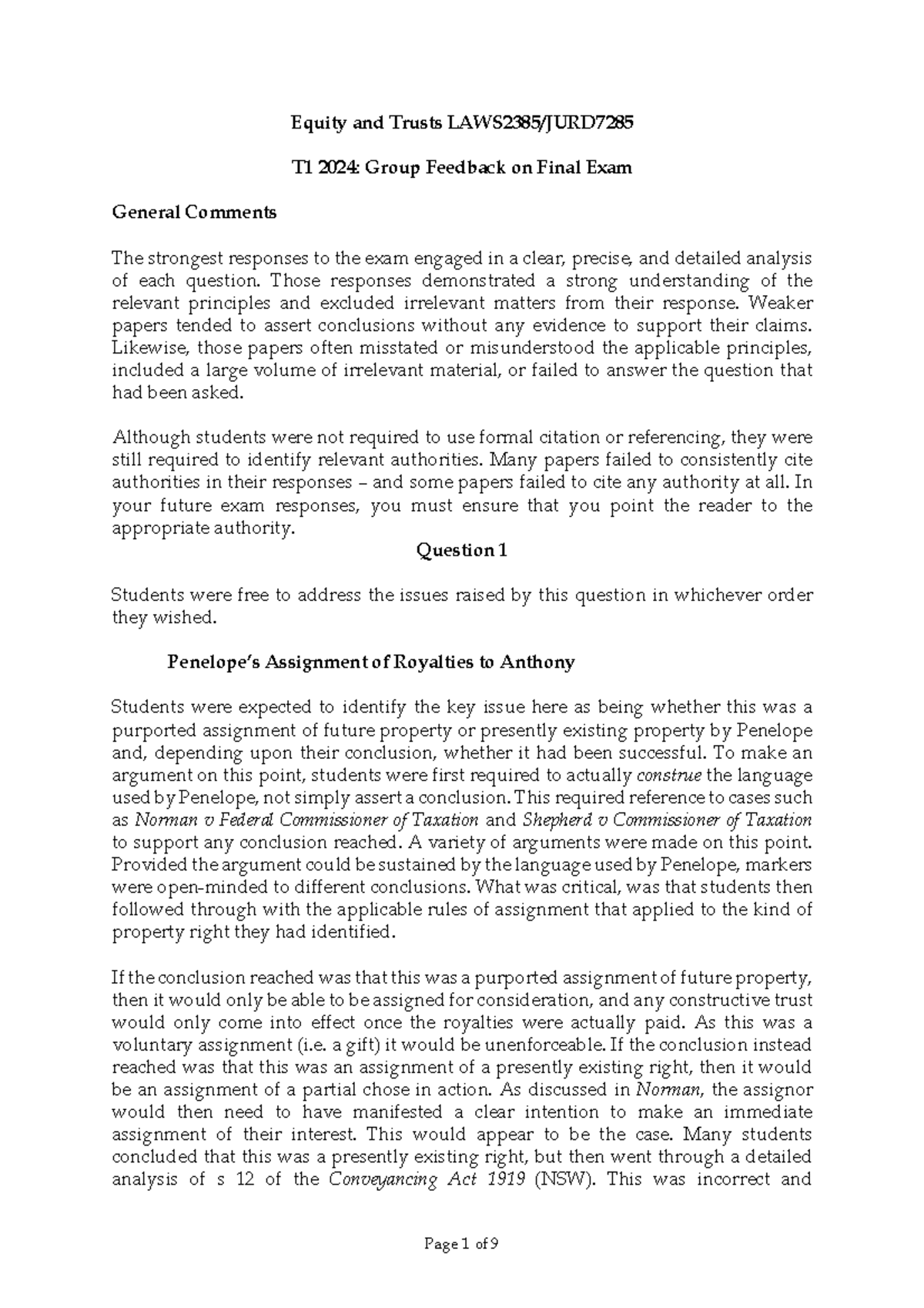 Equity and Trusts T1 2024: Final Exam Feedback and Analysis - Studocu