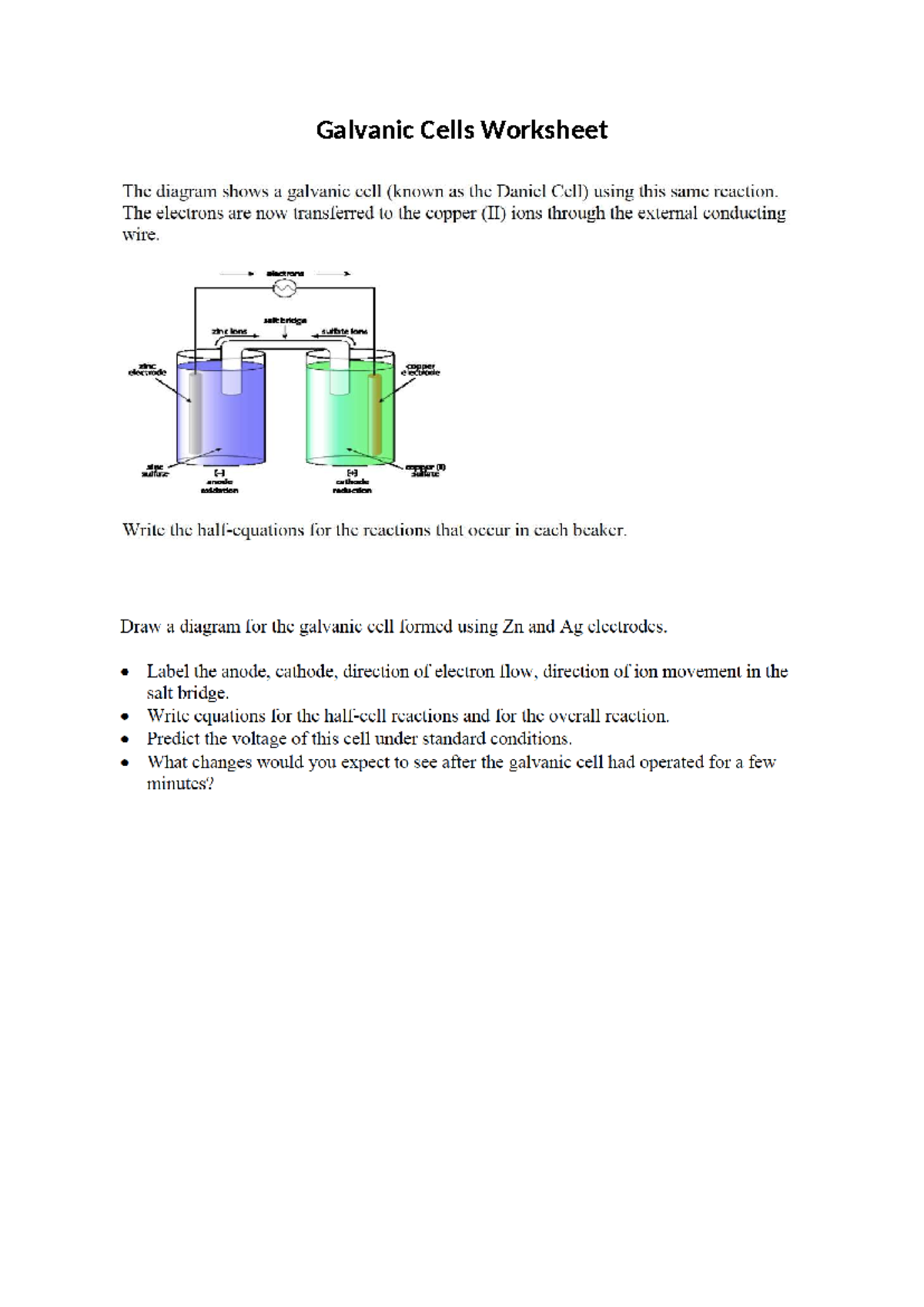 Galvanic Cells Worksheet: Reactions, Diagrams & Predictions - Studocu