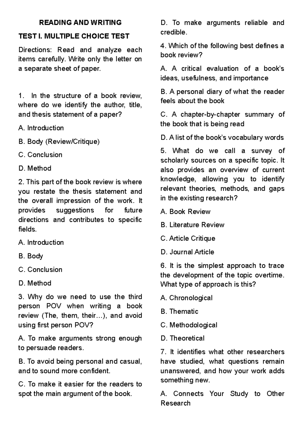 UNIT TEST - READING AND WRITING TEST I: MULTIPLE CHOICE - Studocu