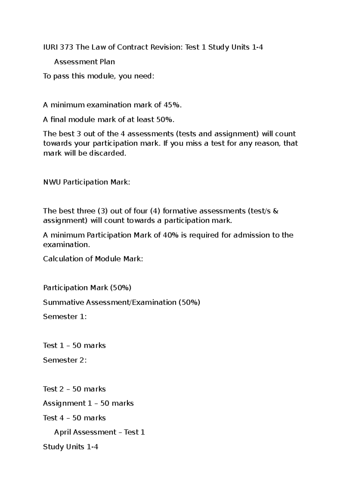 IURI 373 Final Exam Revision: The Law of Contract Study Guide - Studocu