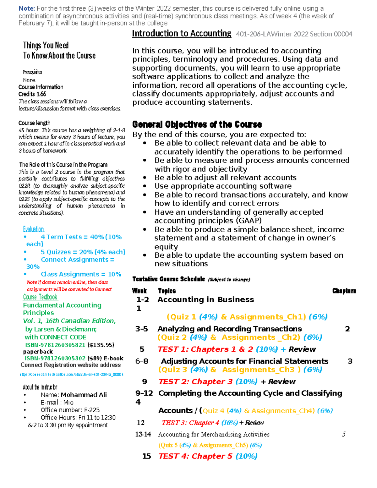 ACC 2022: Introduction to Accounting Course Outline and Policies - Studocu