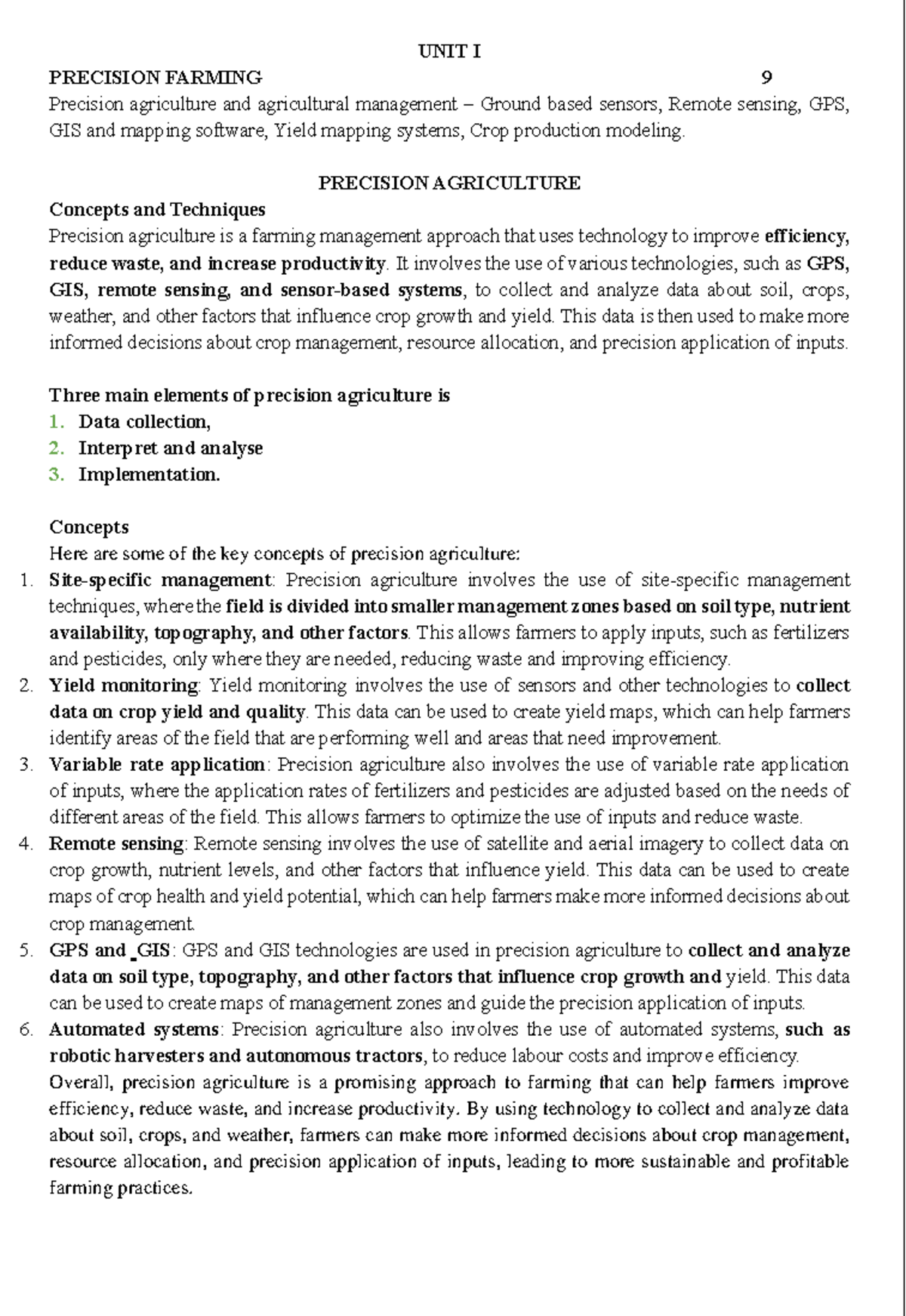 IT in Agriculture: Unit I - Precision Farming Concepts and Techniques ...