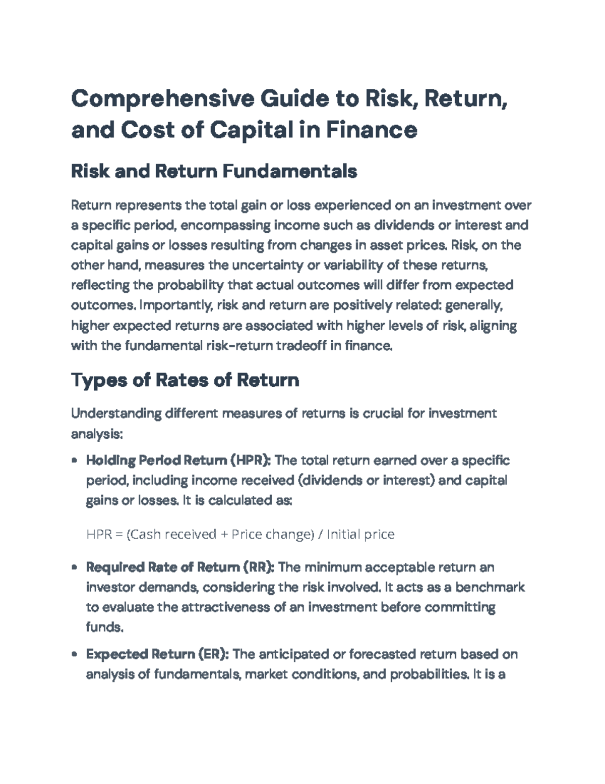 Comprehensive Overview of Risk, Return, and Cost of Capital in Finance ...