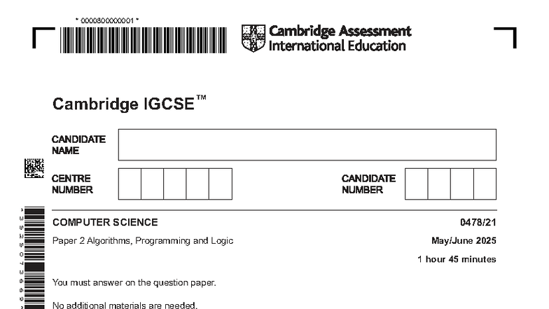Cambridge EUE5EU 2025 Computer Science Paper 2: Algorithms & Logic ...